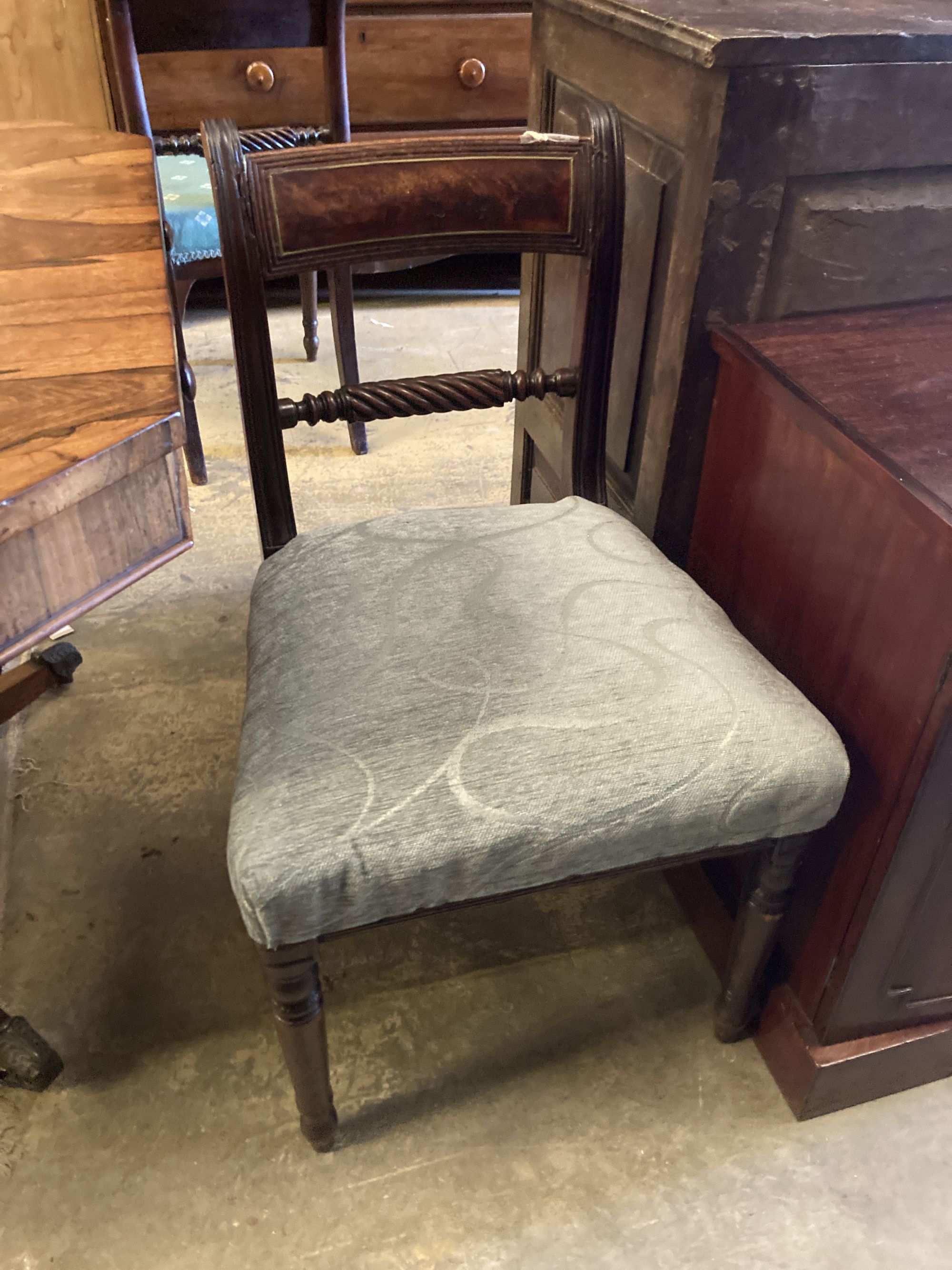 A set of four Victorian cabriole leg dining chairs and a pair of Regency rope-back dining chairs